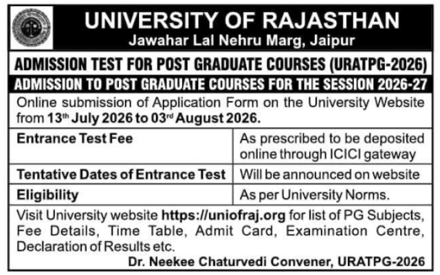 Admission Notice: URATPG-2026 Entrance Test