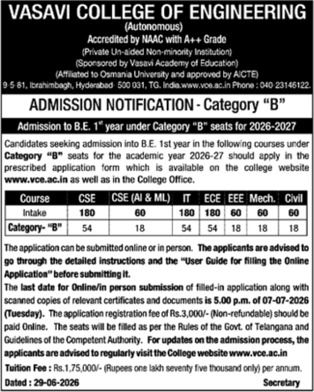 Admission Notification: B.E. Category-B Seats at Vasavi College of Engineering