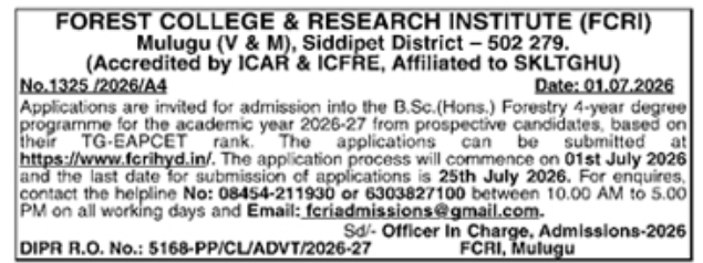 Admission Notification: B.Sc. (Hons.) Forestry at Forest College & Research Institute