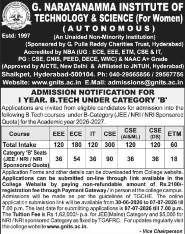 Admission Notification: B.Tech Category-B Seats at G. Narayanamma Institute of Technology & Science