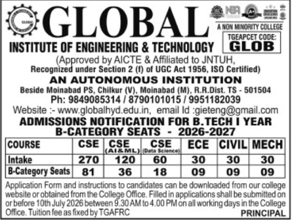 Admission Notification: B.Tech Category-B Seats at Global Institute of Engineering & Technology