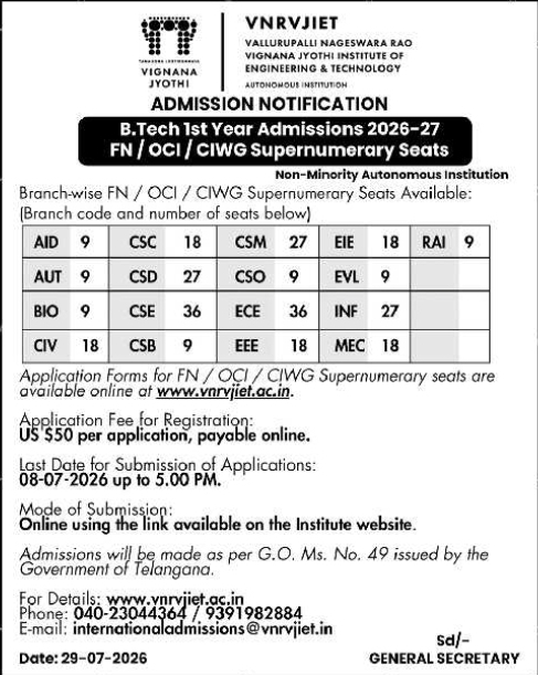 Admission Notification: B.Tech Supernumerary Seats for FN, OCI, and CIWG at VNRVJIET
