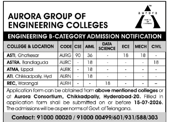 Admission Notification: Engineering B-Category Seats at Aurora Group of Engineering Colleges