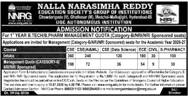 Admission Notification: First Year B.Tech and B.Pharm Quota Seats at NNRG