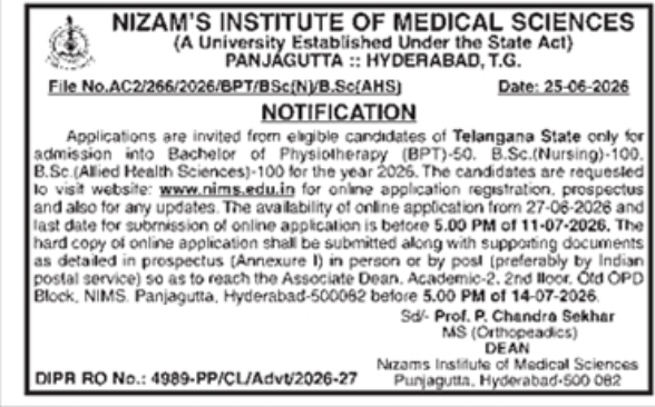 Admission Notification for BPT and B.Sc Courses: NIMS