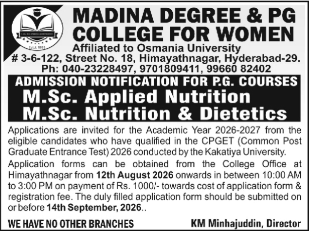 Admission Notification for P.G. Courses by Madina Degree & PG College for Women