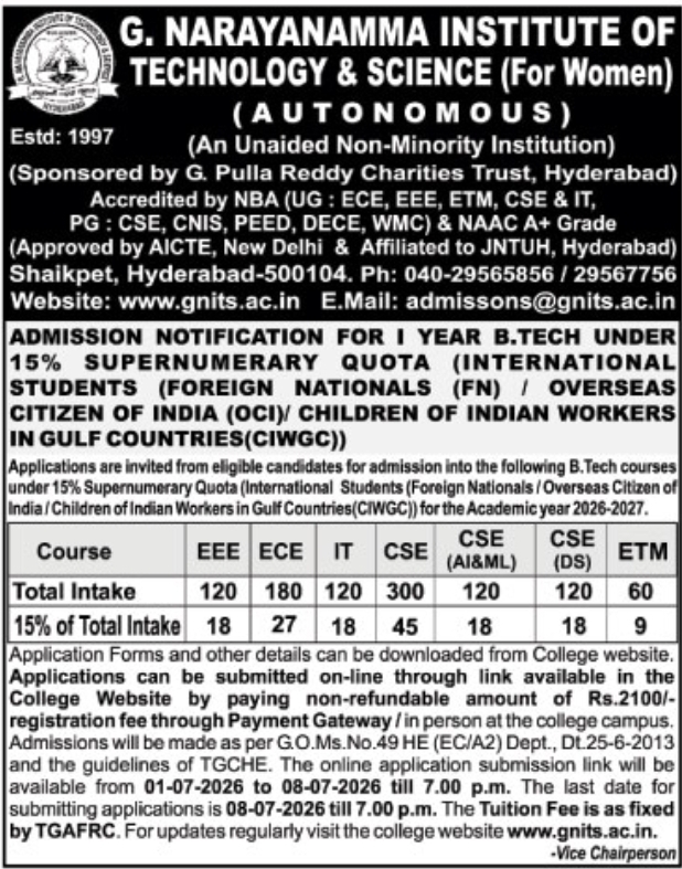 Admission Notification: GNITS B.Tech 15% Supernumerary Quota (2026-27)