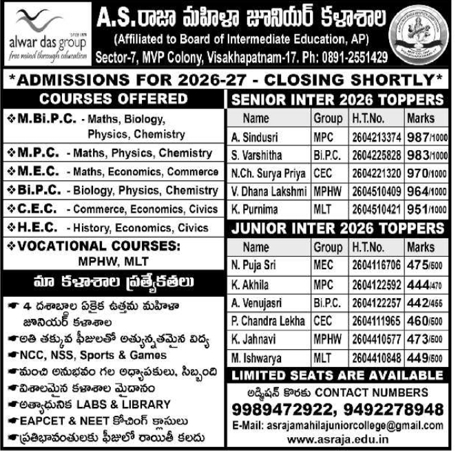 Admission Notification: Intermediate Courses at A.S. Raja Mahila Junior College