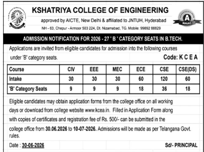 Admission Notification: Kshatriya College B.Tech Category-B Seats