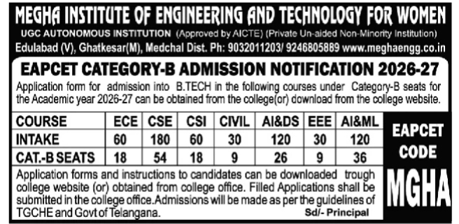 Admission Notification: Megha Institute B.Tech Category-B Seats