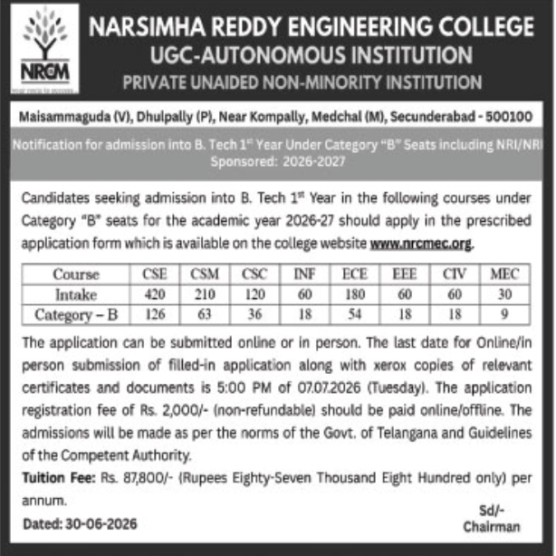 Admission Notification: Narsimha Reddy Engineering College Category-B Seats