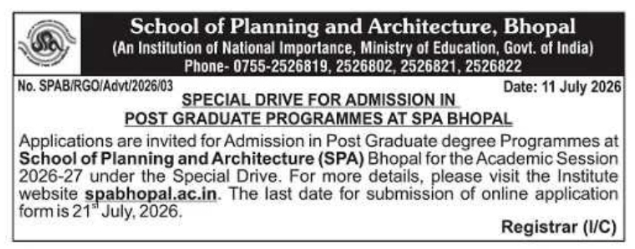 Admission Notification: PG Programmes Special Drive