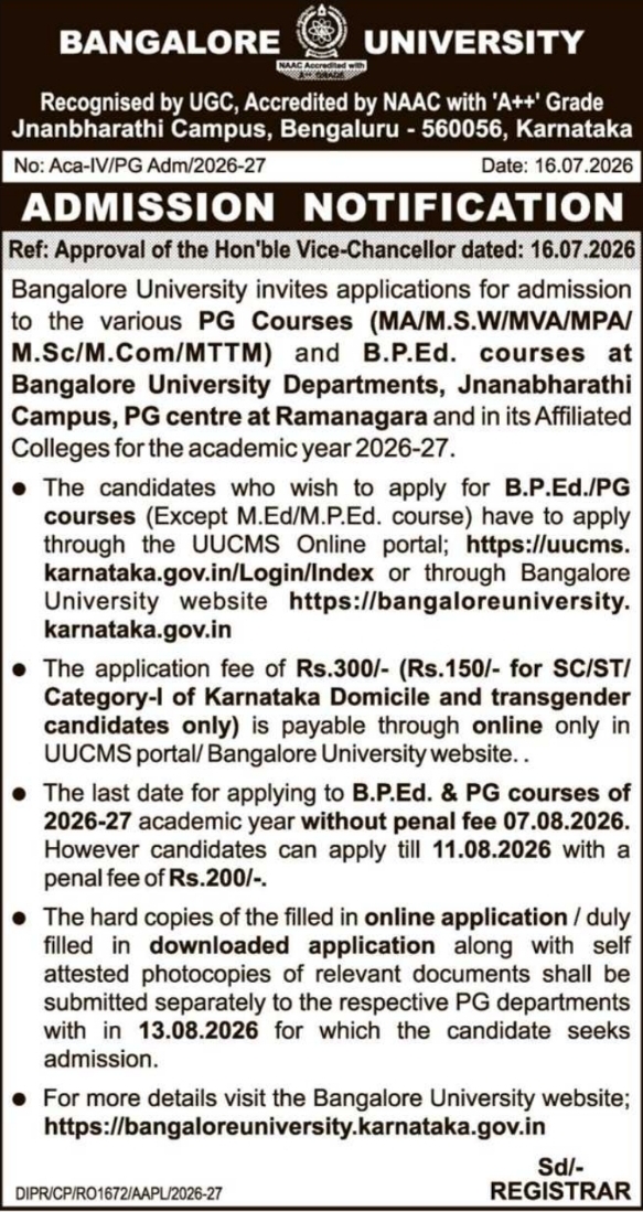 Admission Notification: Postgraduate & B.P.Ed. Courses