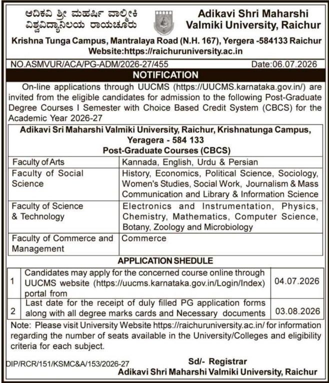 Admission Notification: Raichur University PG Courses 2026-27