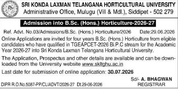 Admission Notification: SKLTSHU B.Sc. (Hons.) Horticulture