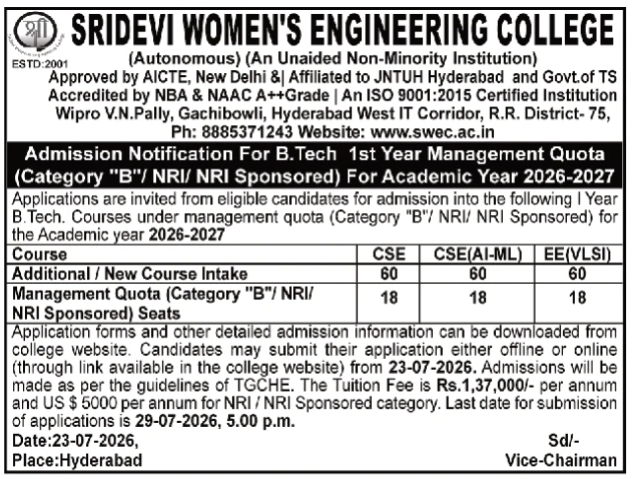 Admission Notification: Sridevi Women's Engineering College B.Tech First Year Management Quota