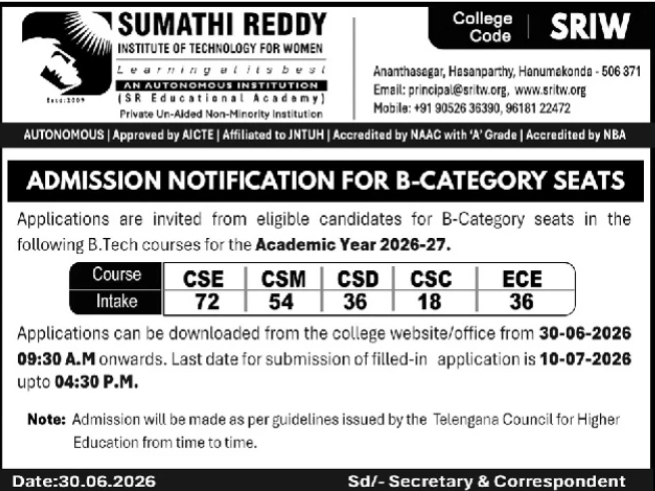 Admission Notification: SRIW B.Tech Category-B Seats