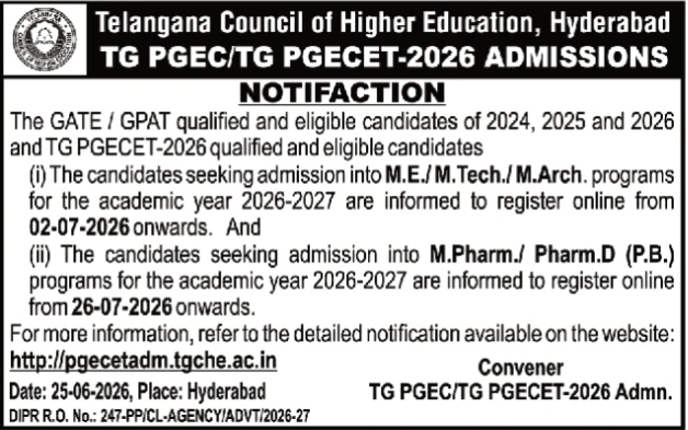 Admission Notification: TG PGEC / TG PGECET-2026