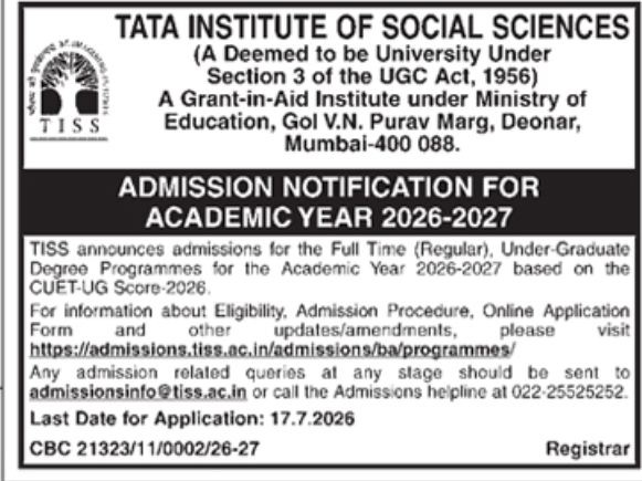 Admission Notification: TISS Under-Graduate Programmes 2026-2027