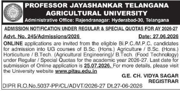Admission Notification: UG Courses at PJTSAU