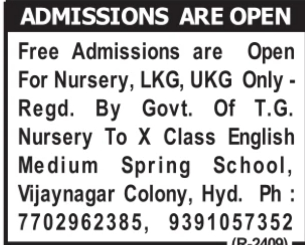 Admission Open: Free Pre-Primary Admissions Spring School Hyderabad