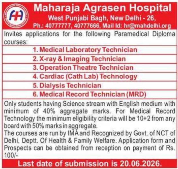 Admission Open: Maharaja Agrasen Hospital Paramedical Diploma Courses