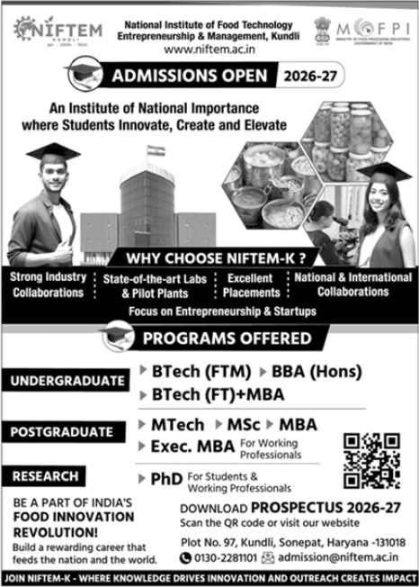 Admissions Open 2026-27: National Institute of Food Technology Entrepreneurship & Management (NIFTEM)