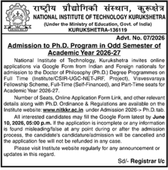 Admissions Open 2026-27: NIT Kurukshetra Ph.D. Program