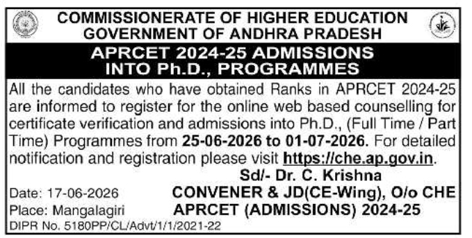 Admissions Open: APRCET Ph.D.  Counselling