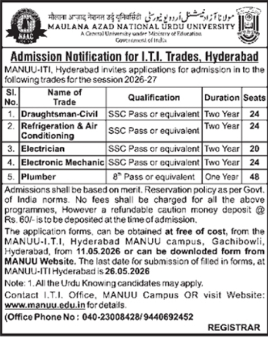 Admissions Open: I.T.I. Trades at MANUU, Hyderabad