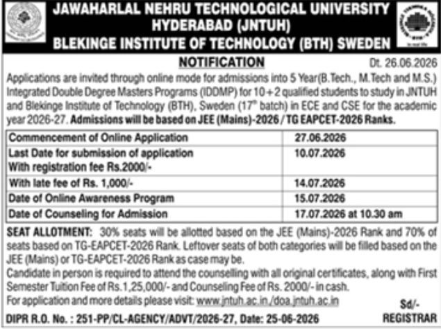 Admissions Open: JNTUH & BTH Sweden Integrated Double Degree Masters Programs