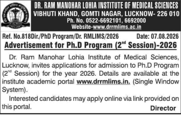 Advertisement for Ph.D Program Admission by Dr. Ram Manohar Lohia Institute of Medical Sciences