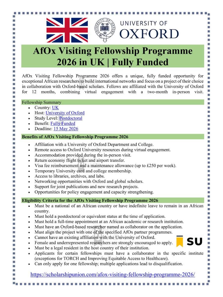 AfOx Visiting Fellowship Programme 2026 in UK