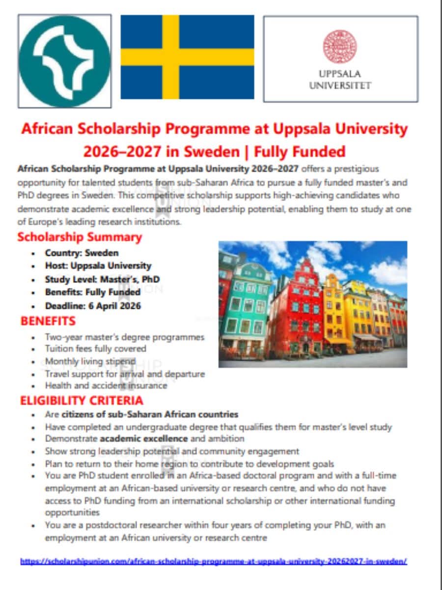 African Scholarship Programme At Uppsala University 2026 - 27 In Sweden
