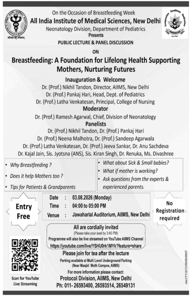 AIIMS New Delhi Public Lecture Notice for Breastfeeding Week