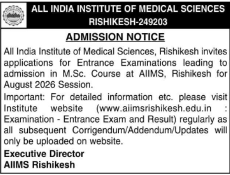 AIIMS Rishikesh M.Sc. Admission Notice August 2026