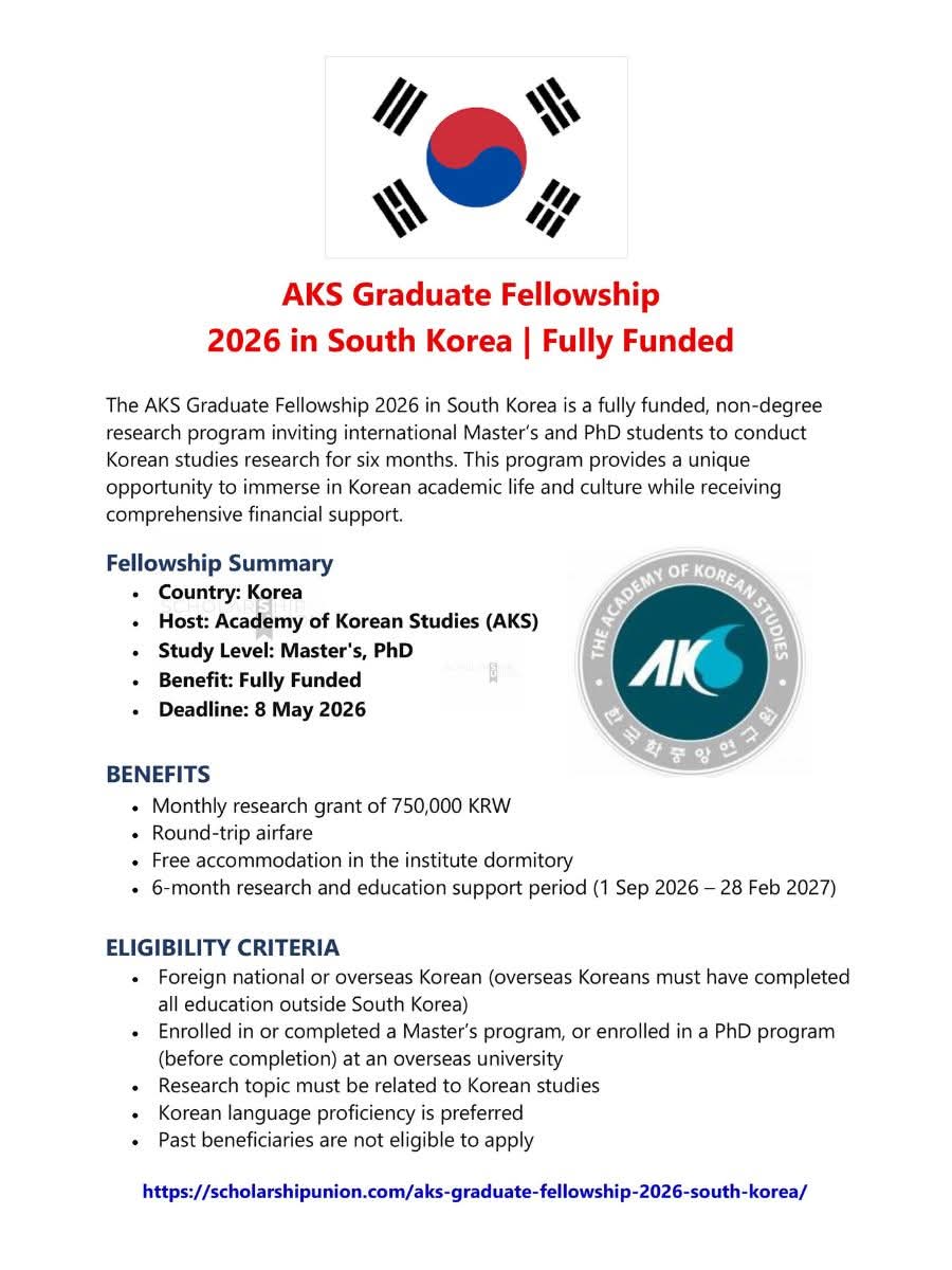 AKS Graduate Fellowship 2026 in South Korea