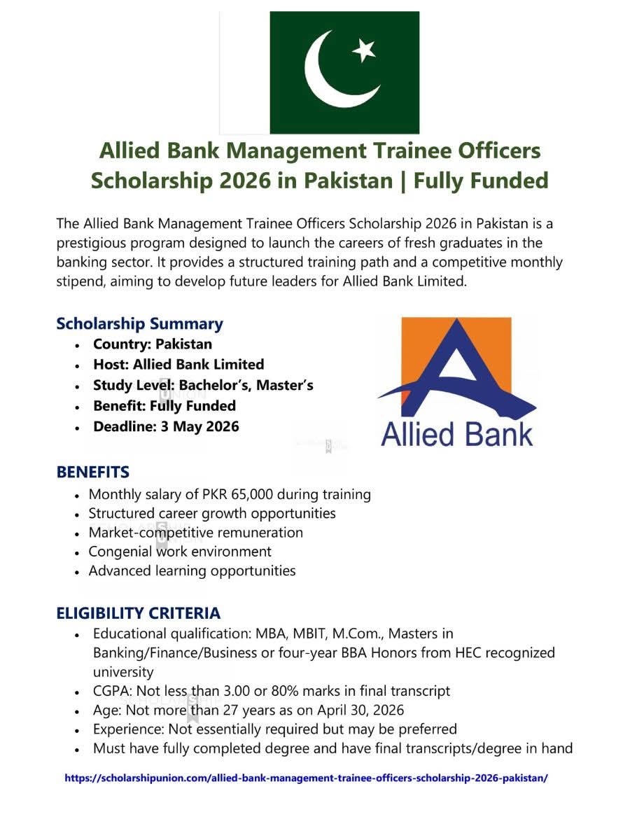 Allied Bank Management Trainee Officers Scholarship 2026 in Pakistan