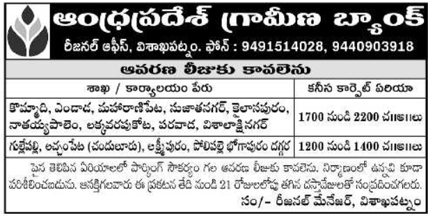 Andhra Pradesh Grameena Bank Premises Lease Notice