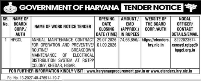 Annual Electrical Maintenance Contract Tender by HPGCL