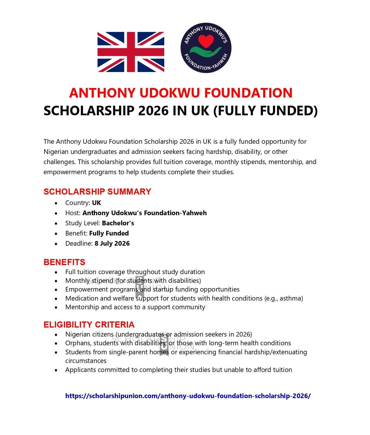 Anthony Udokwu Foundation Scholarship 2026 in UK