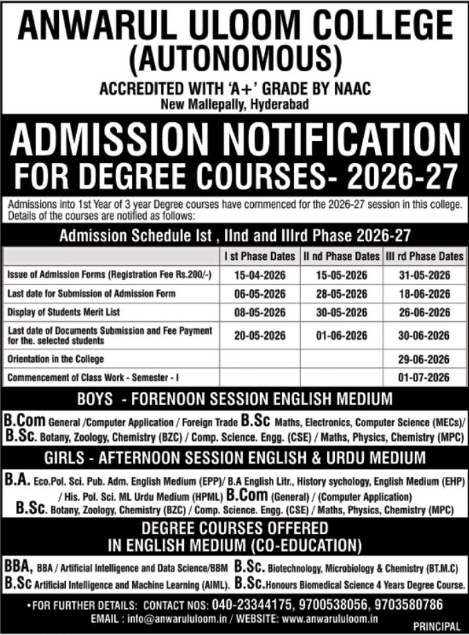 Anwarul Uloom College Degree Admissions 2026-27