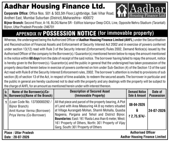 Appendix IV Property Possession Notice by Aadhar Housing Finance