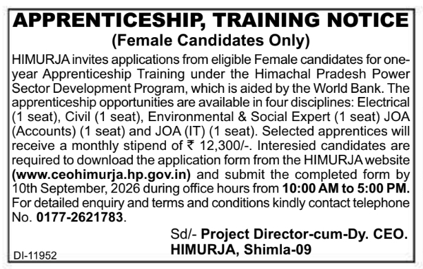 Apprenticeship Training Notice for Female Candidates by HIMURJA Shimla
