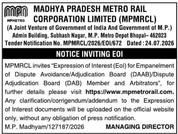 Arbitrator Empanelment EOI by Madhya Pradesh Metro Rail Corporation Limited