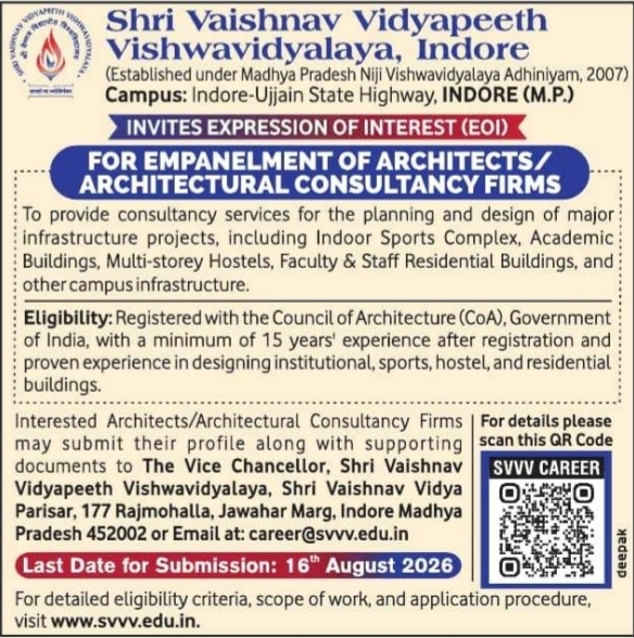 Architect Empanelment Notice by Shri Vaishnav Vidyapeeth Vishwavidyalaya