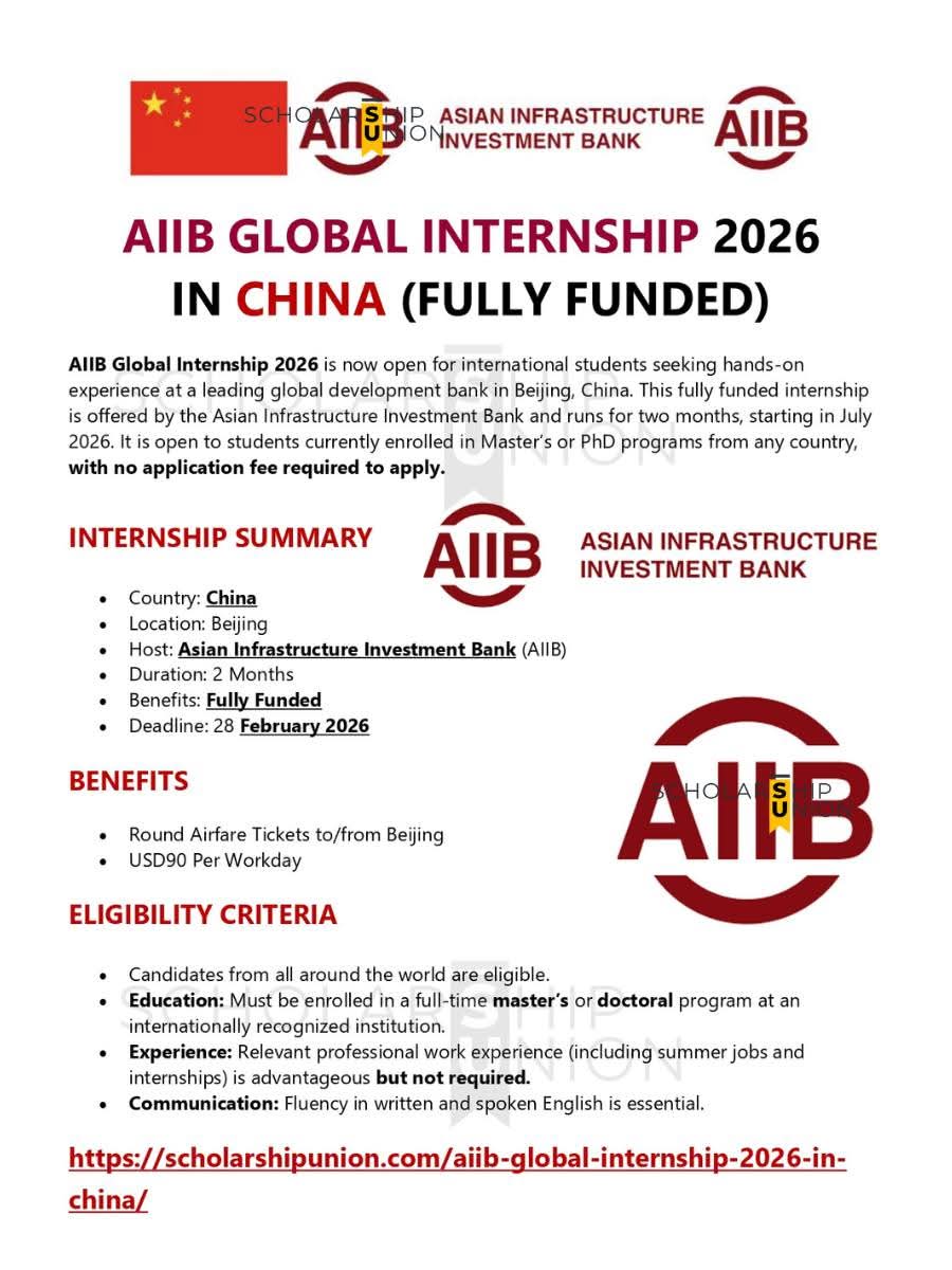 ASIAN INFRASTRUCTURE INVESTMENT BANK GLOBAL INTERNSHIP 2026 IN BEIJING, CHINA - FULLY FUNDED