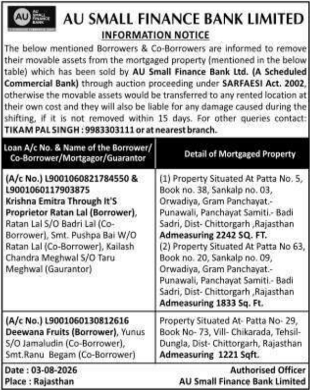 Assets Removal Information Notice across Chittorgarh