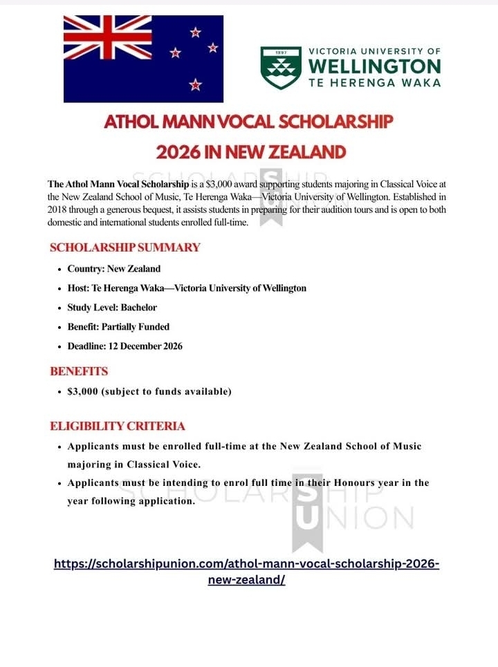 Athol Mann Vocal Scholarship 2026 in New Zealand