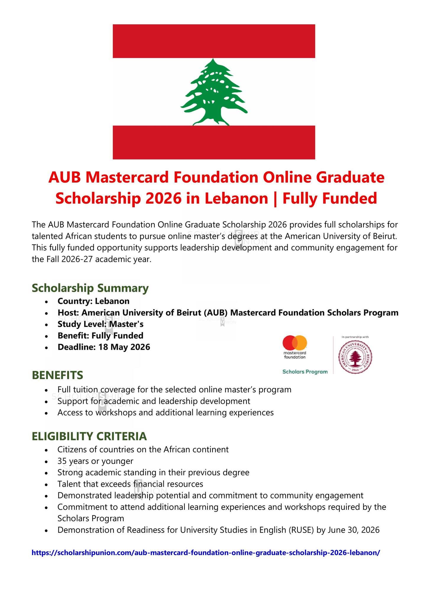 AUB Mastercard Foundation Online Graduate Scholarship 2026 in Lebanon